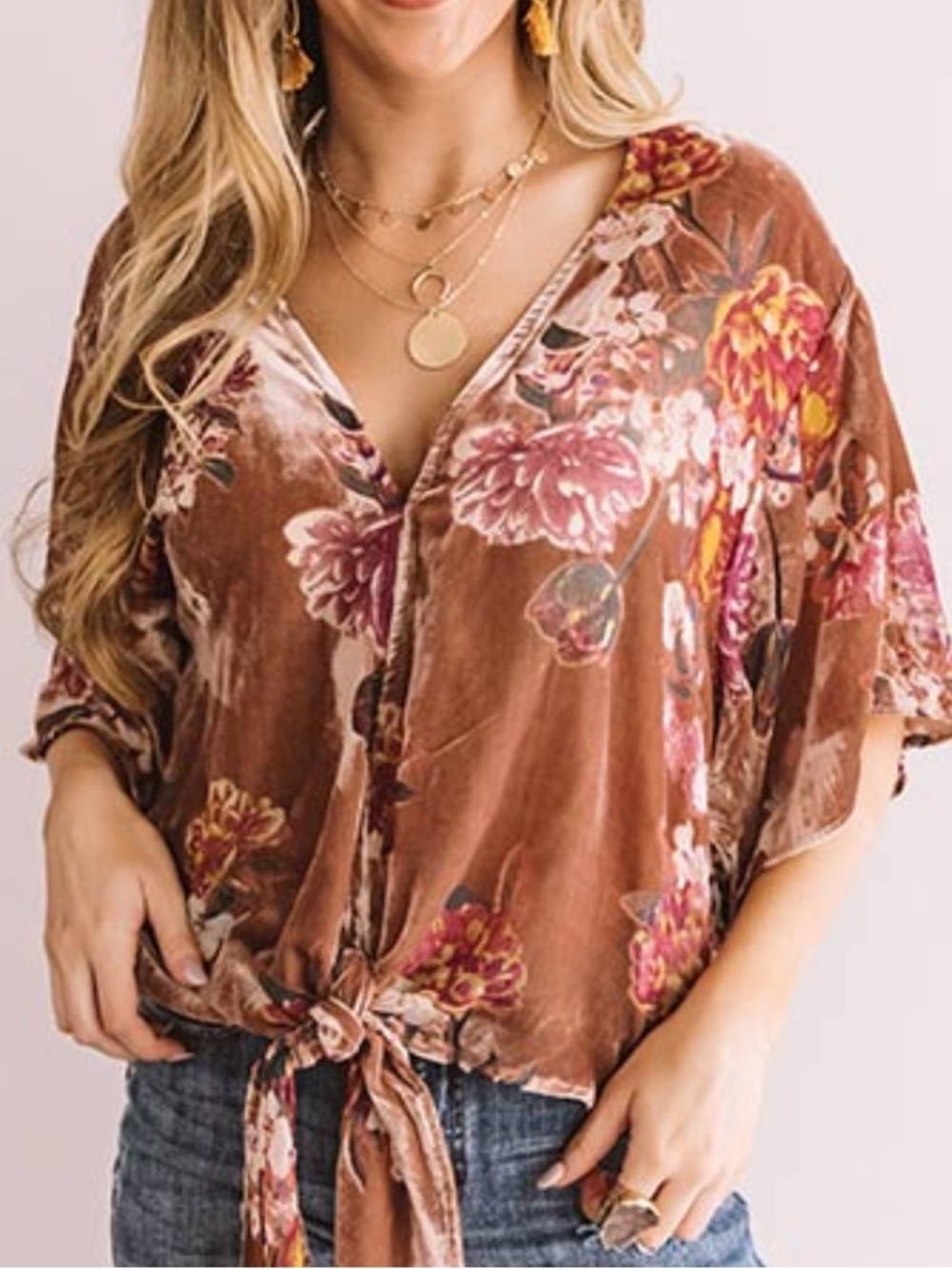 By Together mauve Floral Velvet burnout Tie-Front Blouse